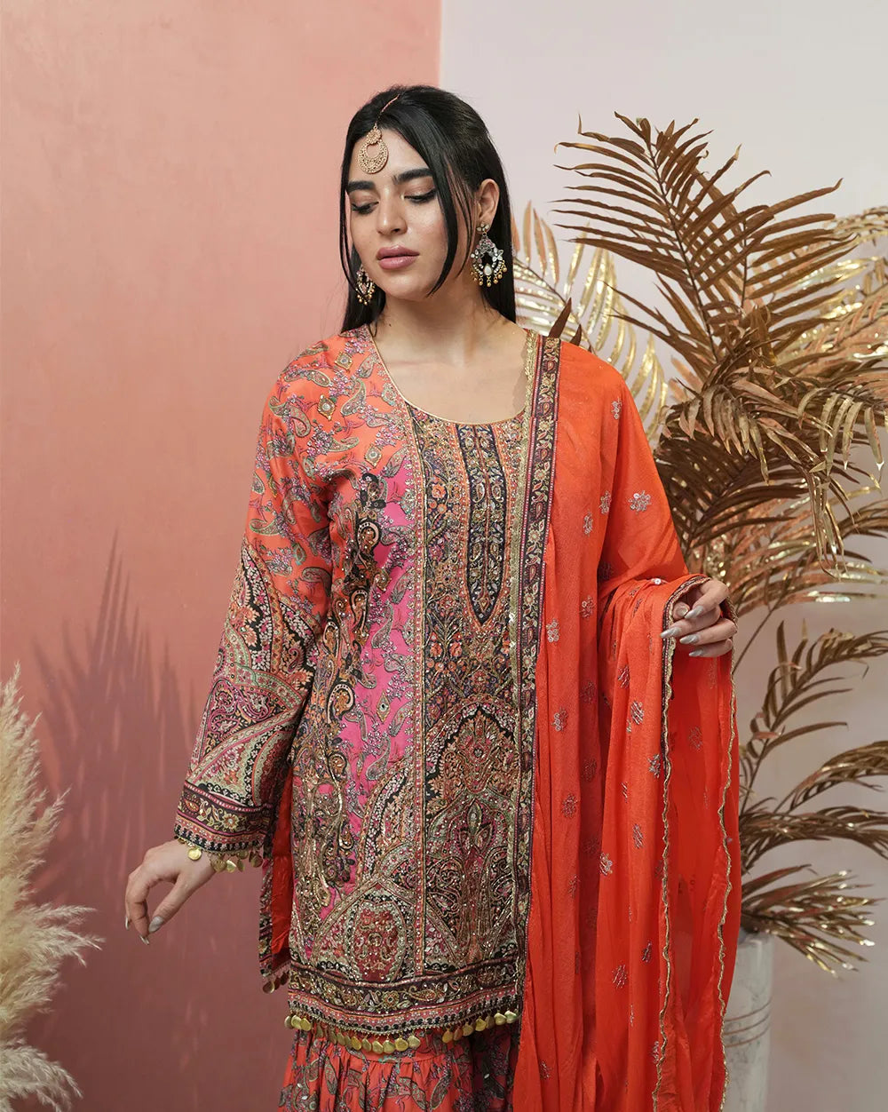 Double shaded heavy worked sharara suit - orange and pink