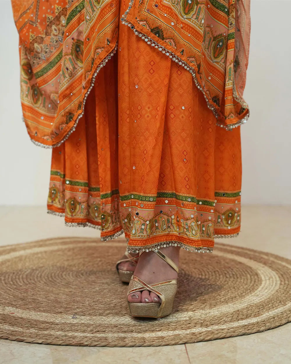 Crepe silk orange mirror work Sharara suit