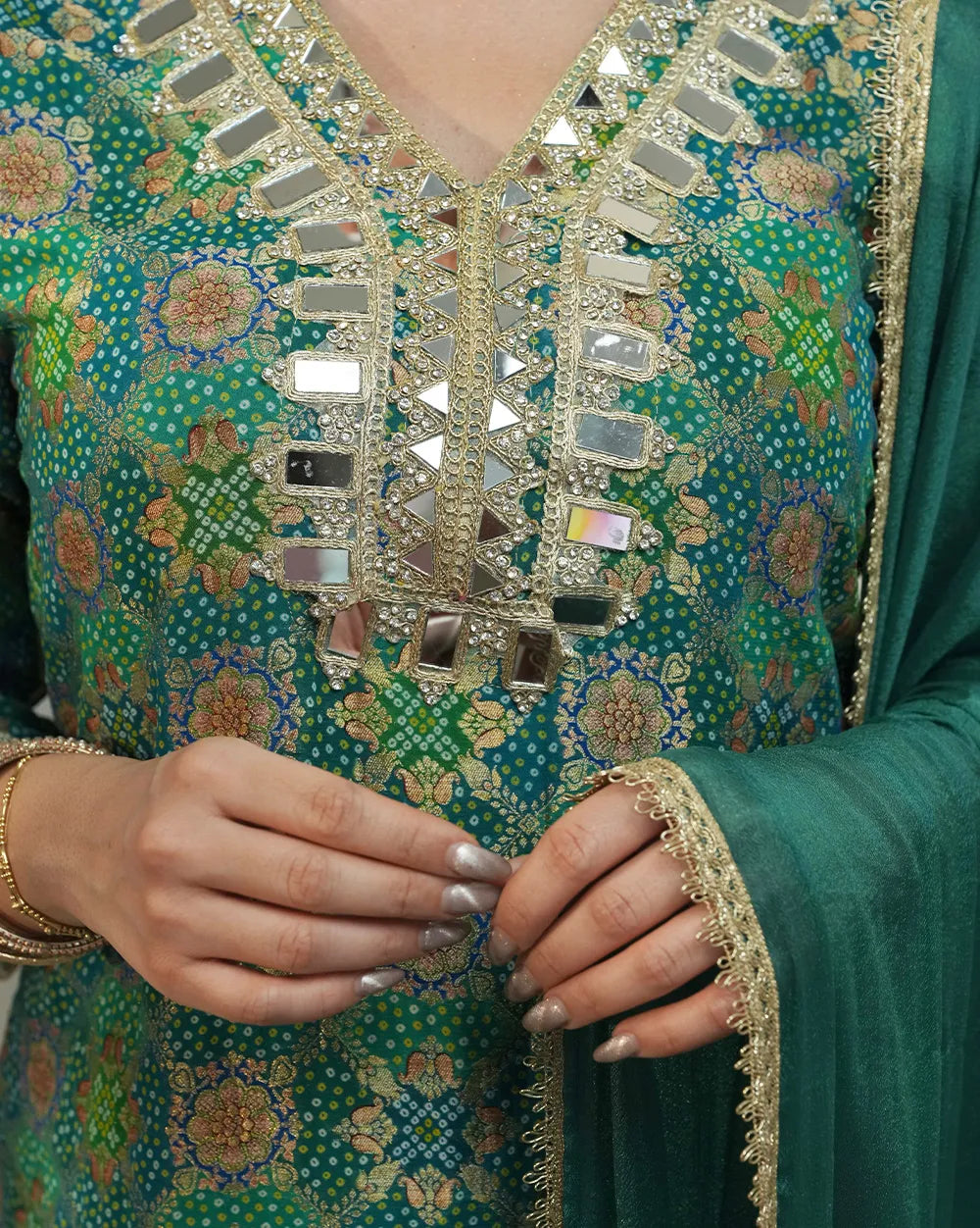 Peacock shade brocade mirror worked salwar suit
