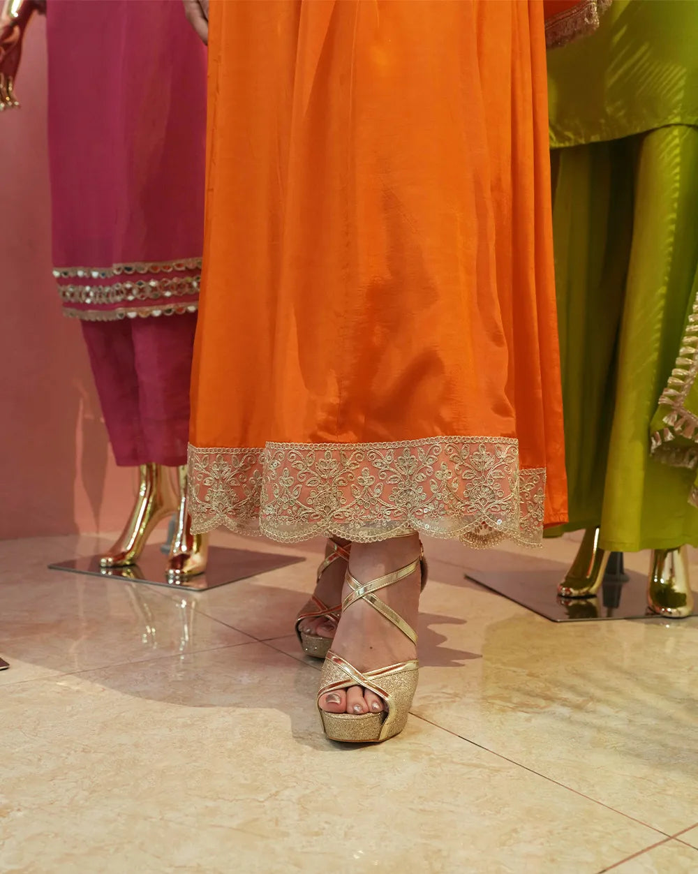 Crepe silk anarkali with contrast yoke - fanta shade