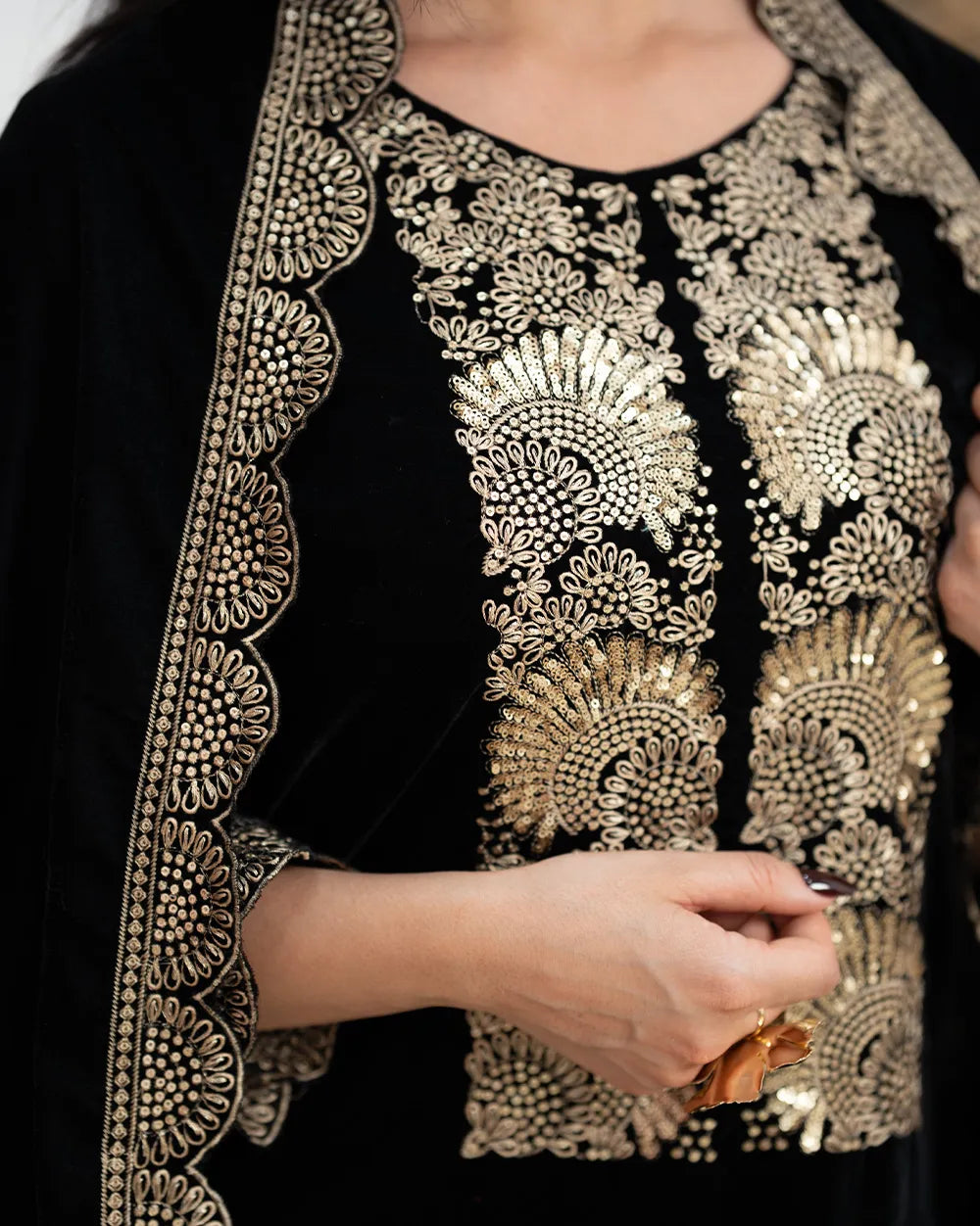 Embroidered Velvet Salwar Suit – Black