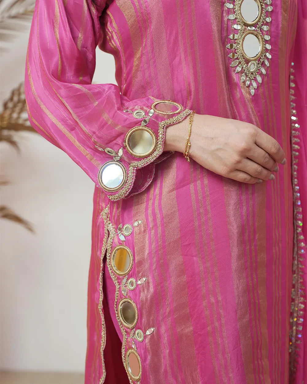 Crepe silk stripe design big mirror worked salwar suit-pink