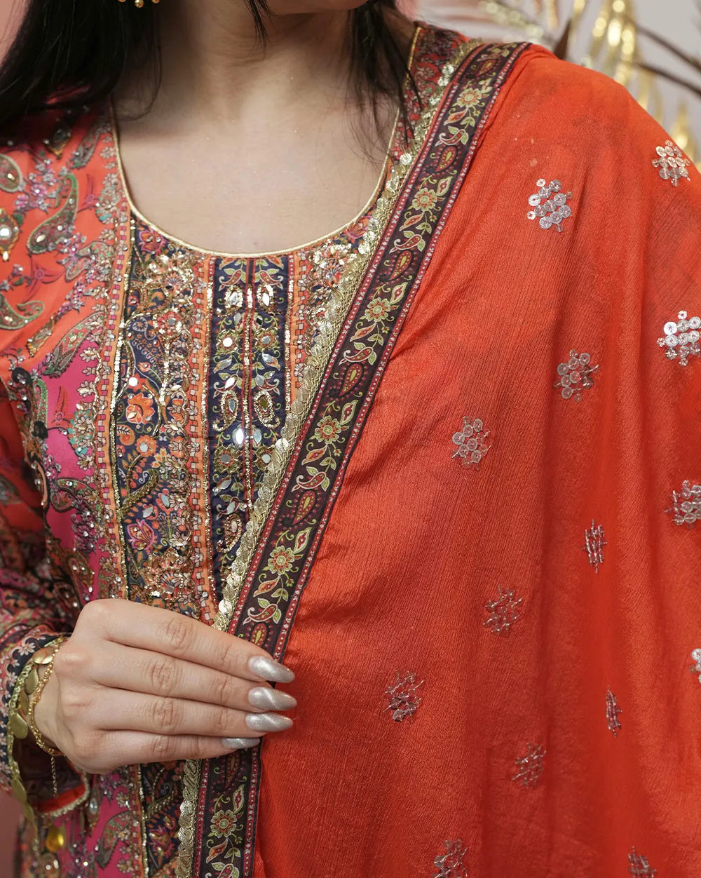 Double shaded heavy worked sharara suit - orange and pink