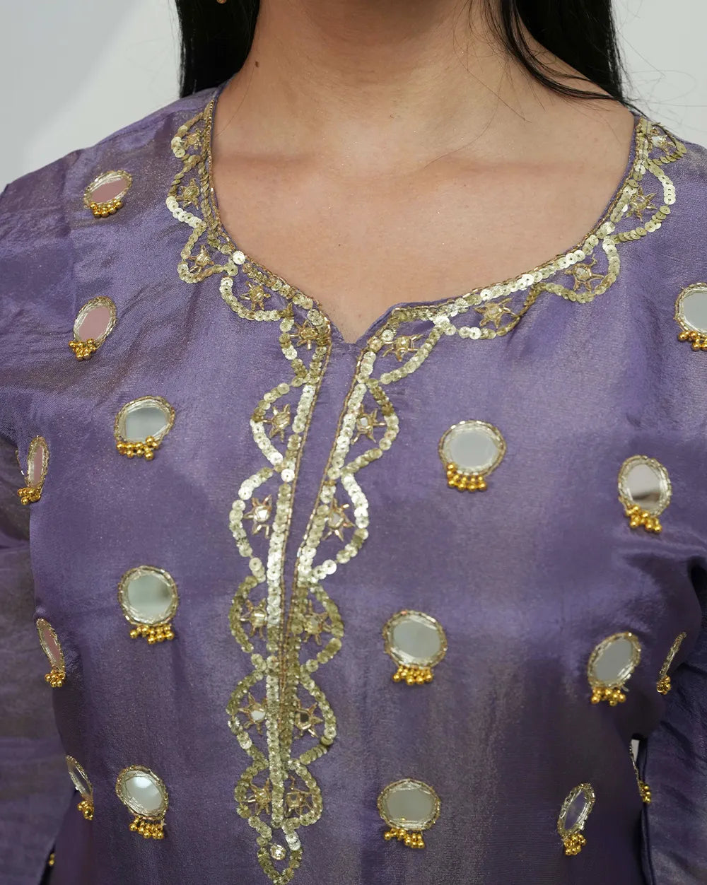 A line short length mirror salwar suit purple