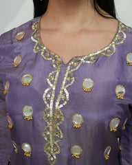 A line short length mirror salwar suit purple