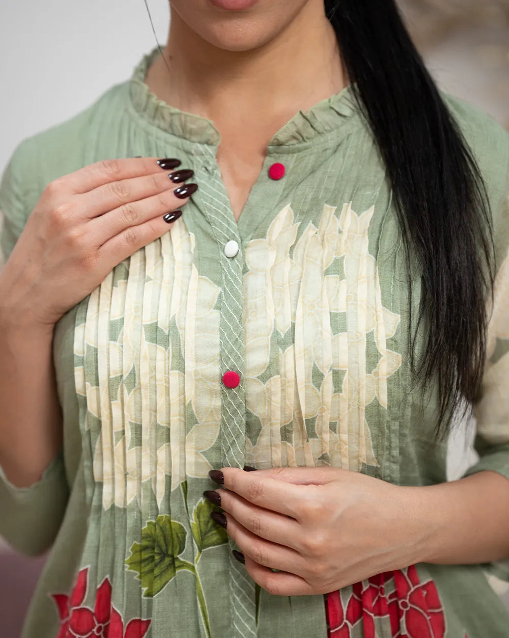 Printed Mul Cotton Co-Ord Set with Knife Pleats – Pale Green