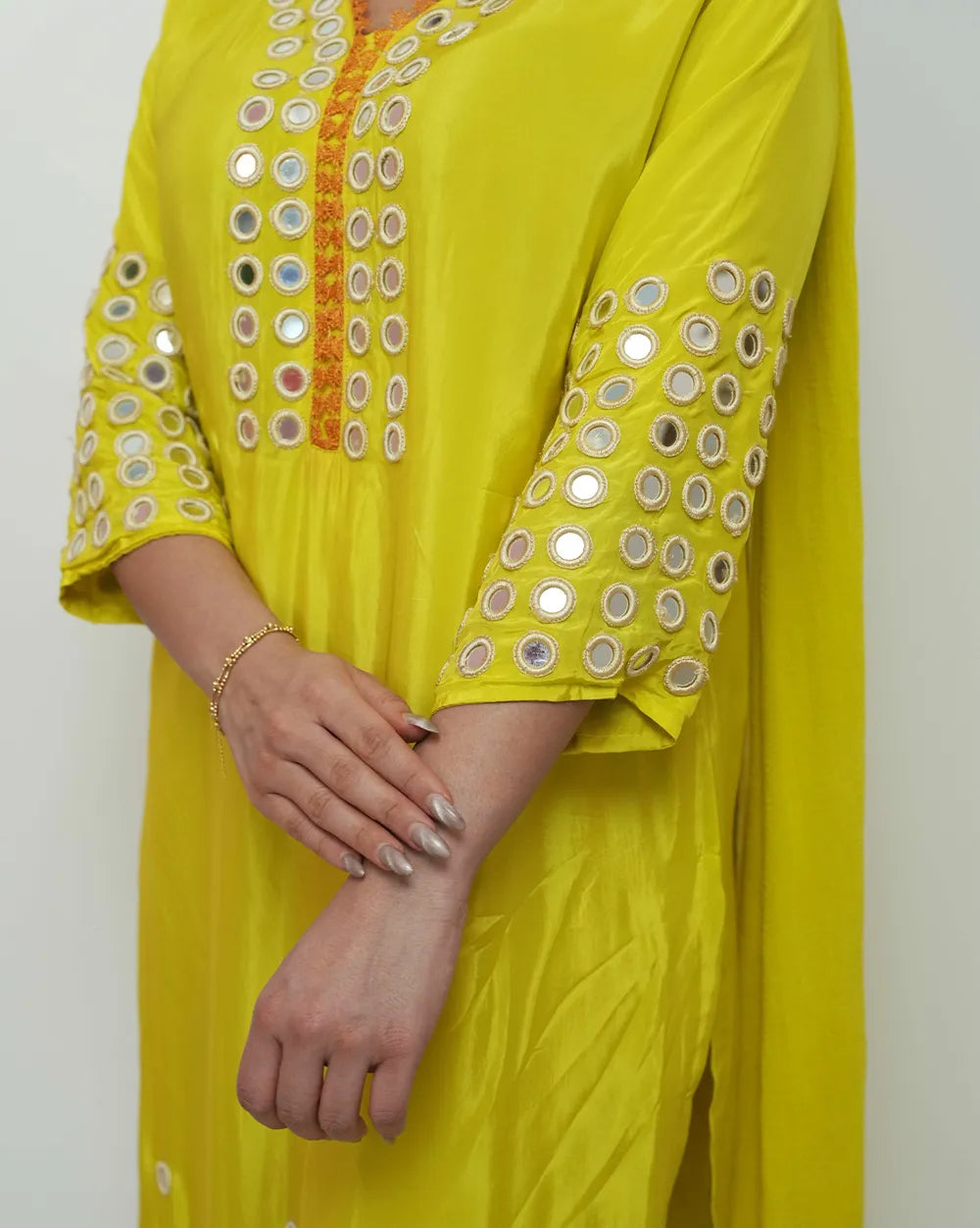 Fluorescent yellow mirror work salwar suit
