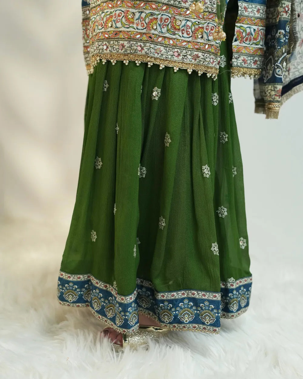 Heavy mirror work sharara suit - green