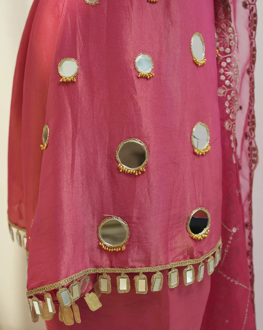 A line short length mirror salwar suit pink