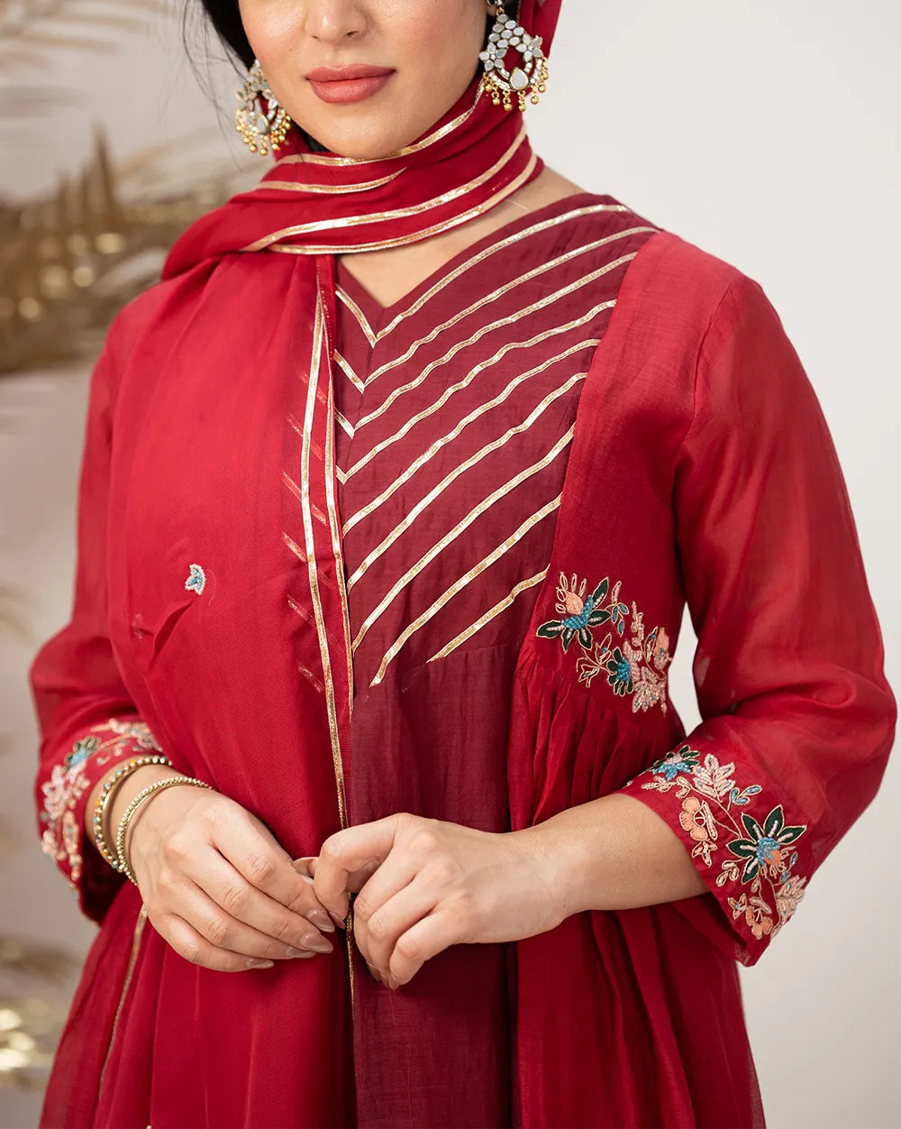 Double shaded panelled and gathered anarkali suit- red