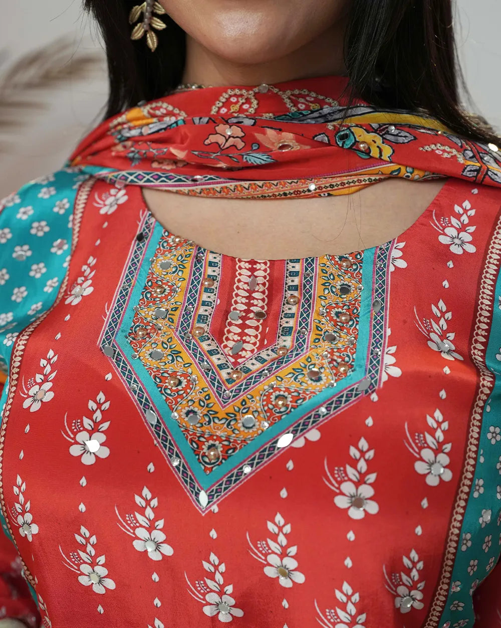 Multi colored sharara suit with floral prints and mirrors