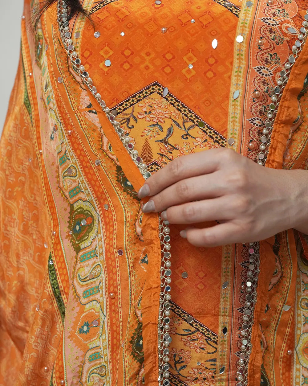 Crepe silk orange mirror work Sharara suit