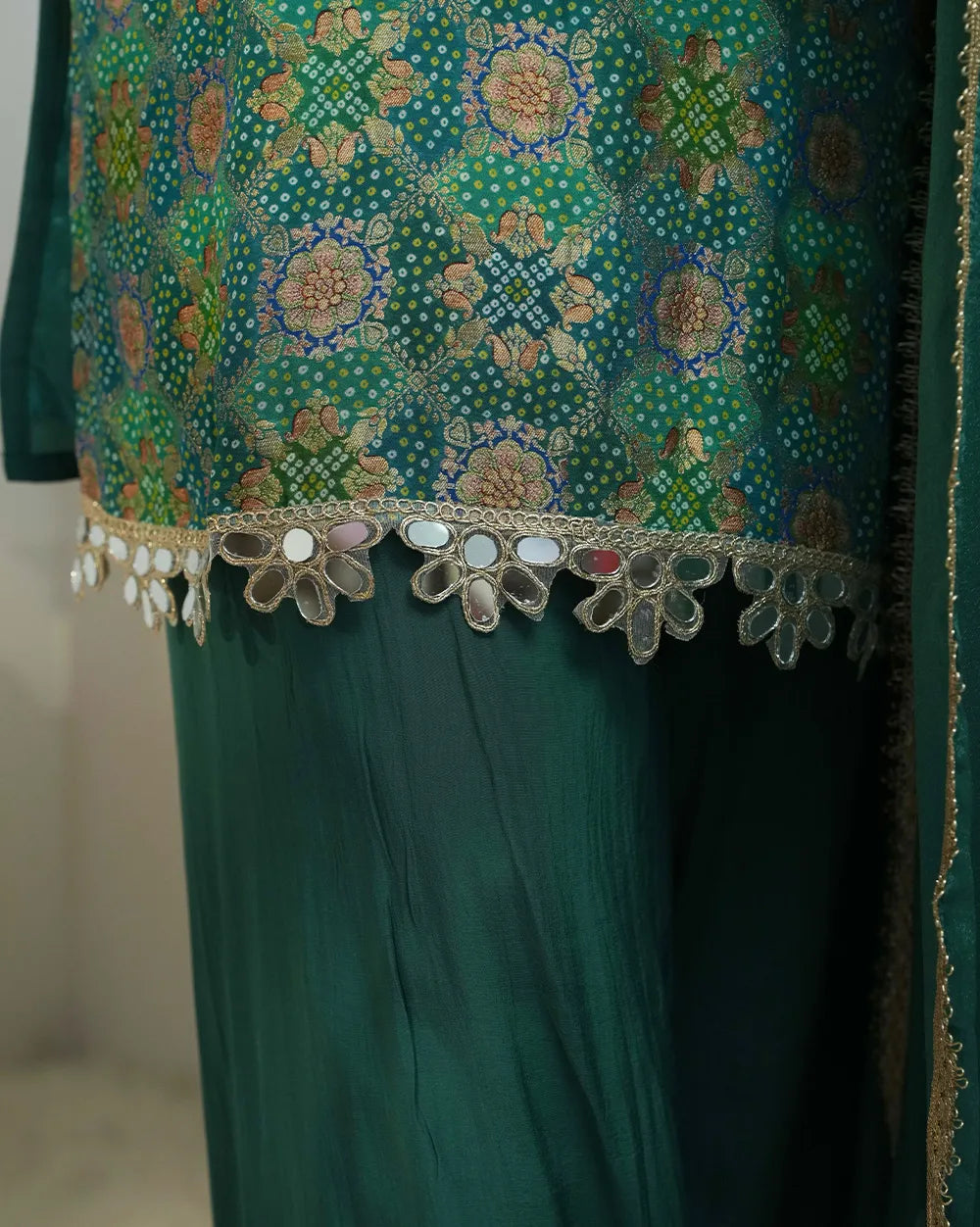 Peacock shade brocade mirror worked salwar suit