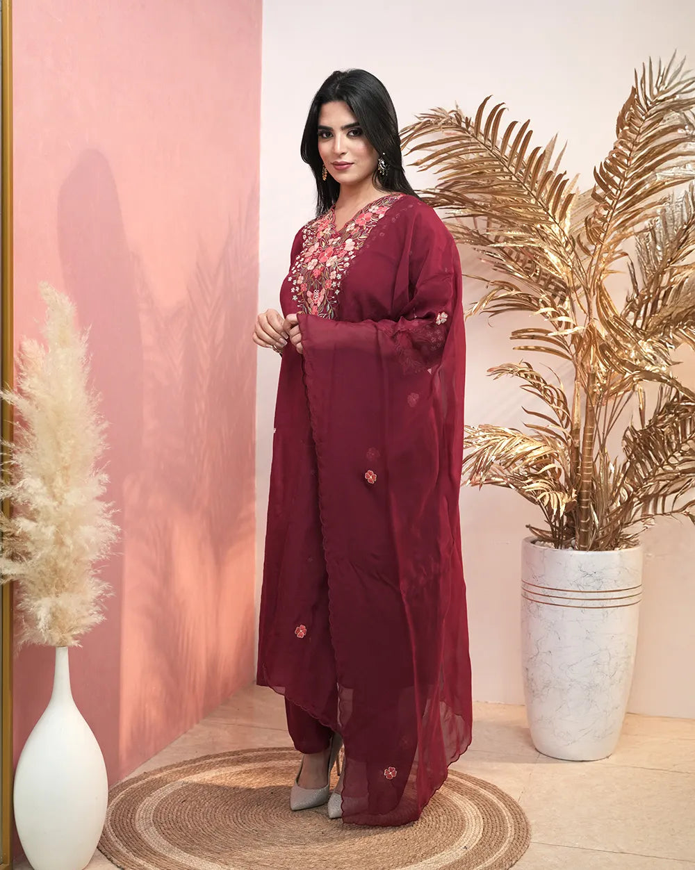 Dola silk embroidered salwar suit- wine maroon