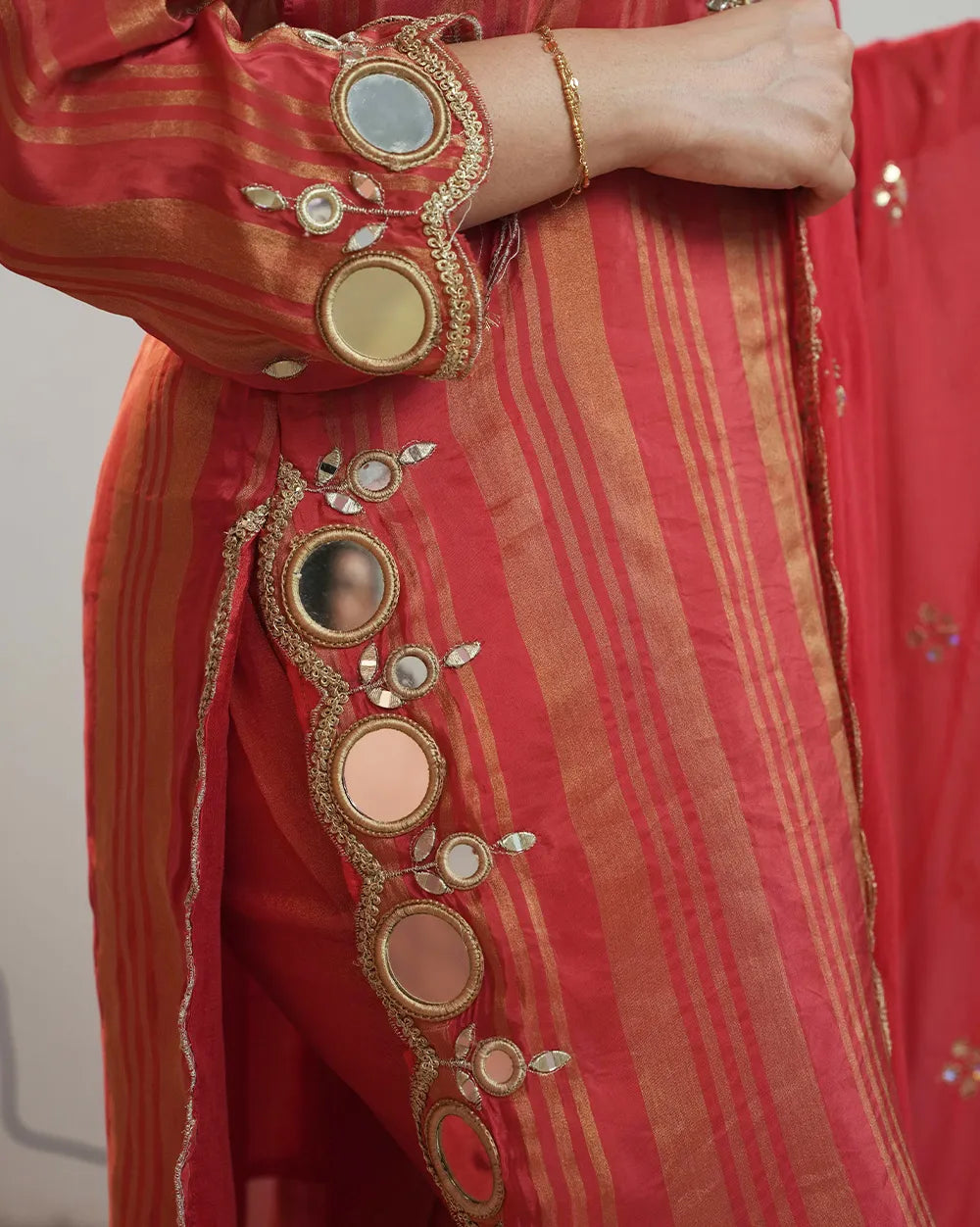 Crepe silk stripe design big mirror worked salwar suit-red