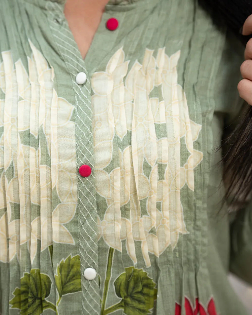 Printed Mul Cotton Co-Ord Set with Knife Pleats – Pale Green