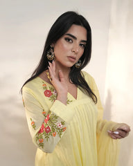 Embroidered 3Pc semi anarkali- pastel yellow