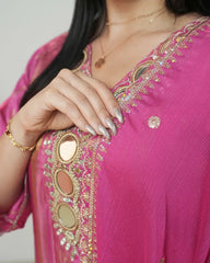 Crepe silk stripe design big mirror worked salwar suit-pink