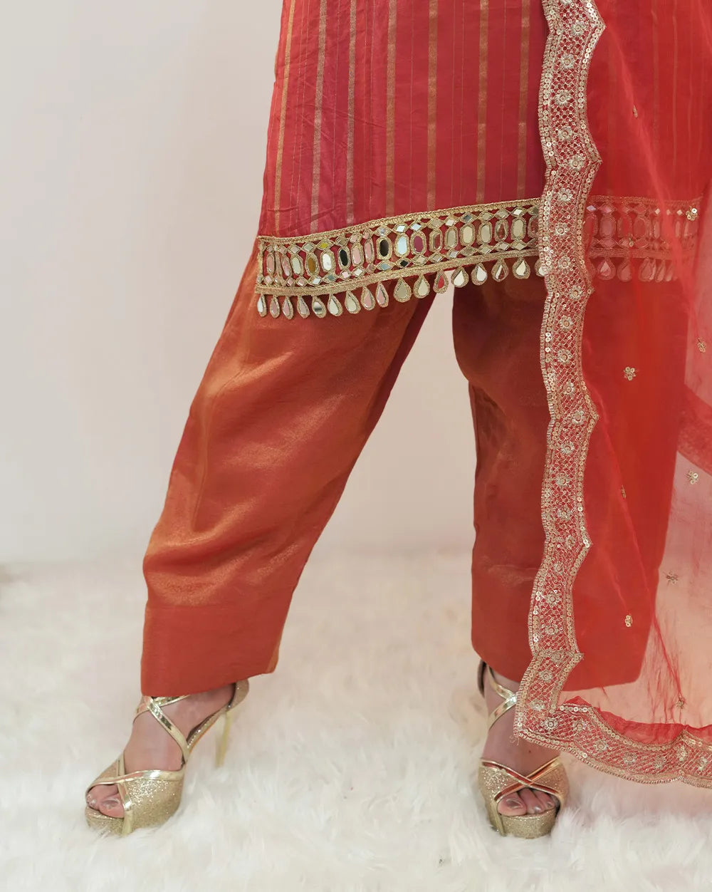 Crepe silk stripe design mirror worked salwar suit-red