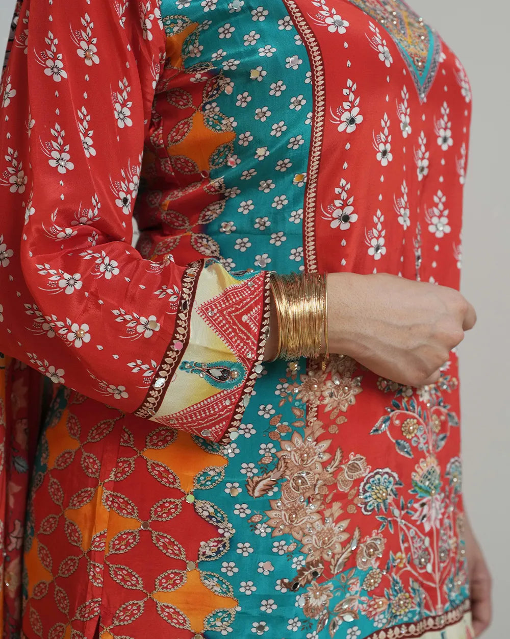 Multi colored sharara suit with floral prints and mirrors