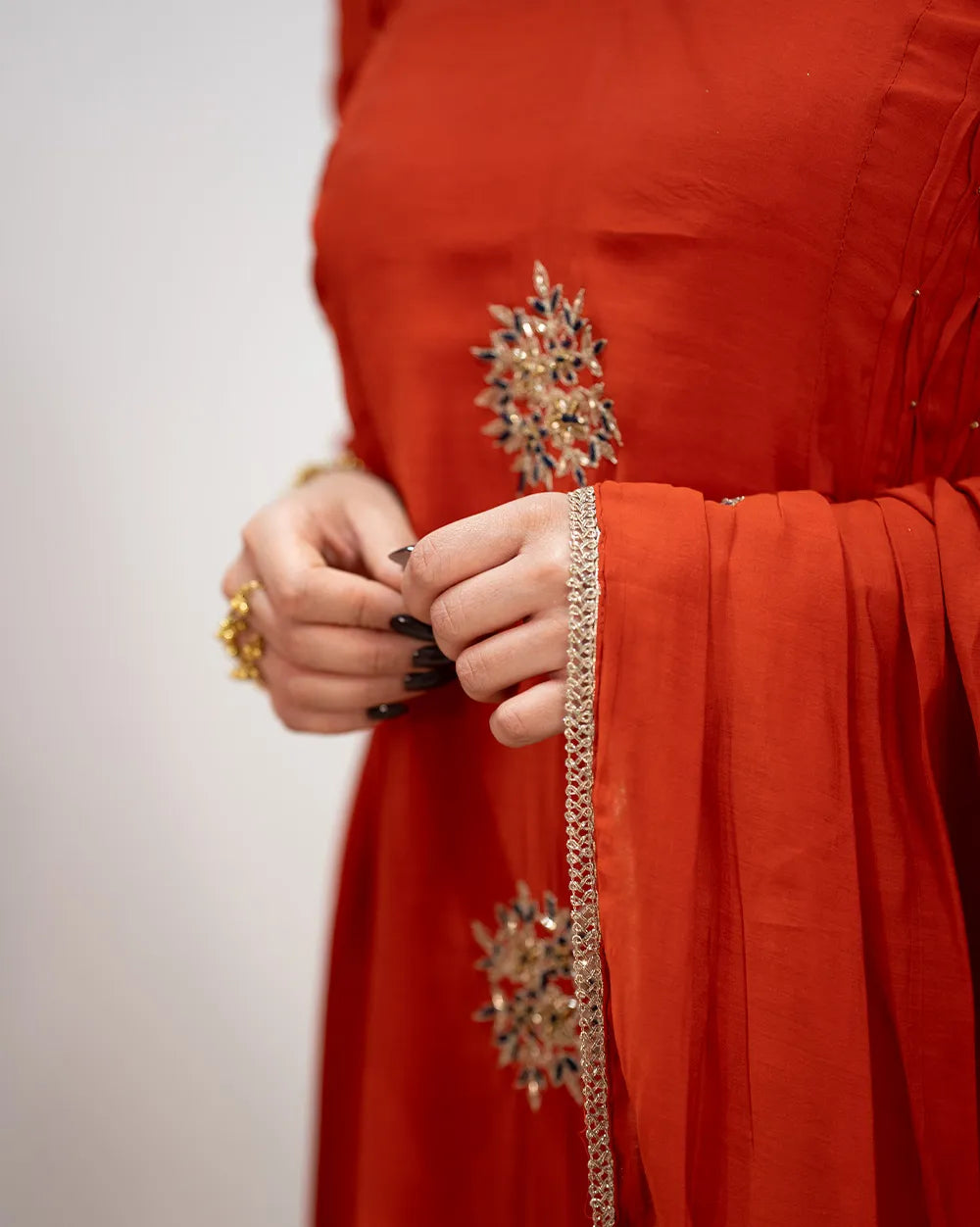 Side Gathered Paneled Anarkali – Brick Red