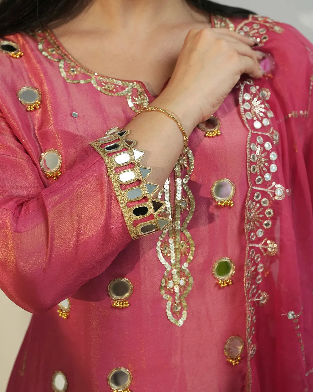 A line short length mirror salwar suit pink