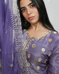 A line short length mirror salwar suit purple