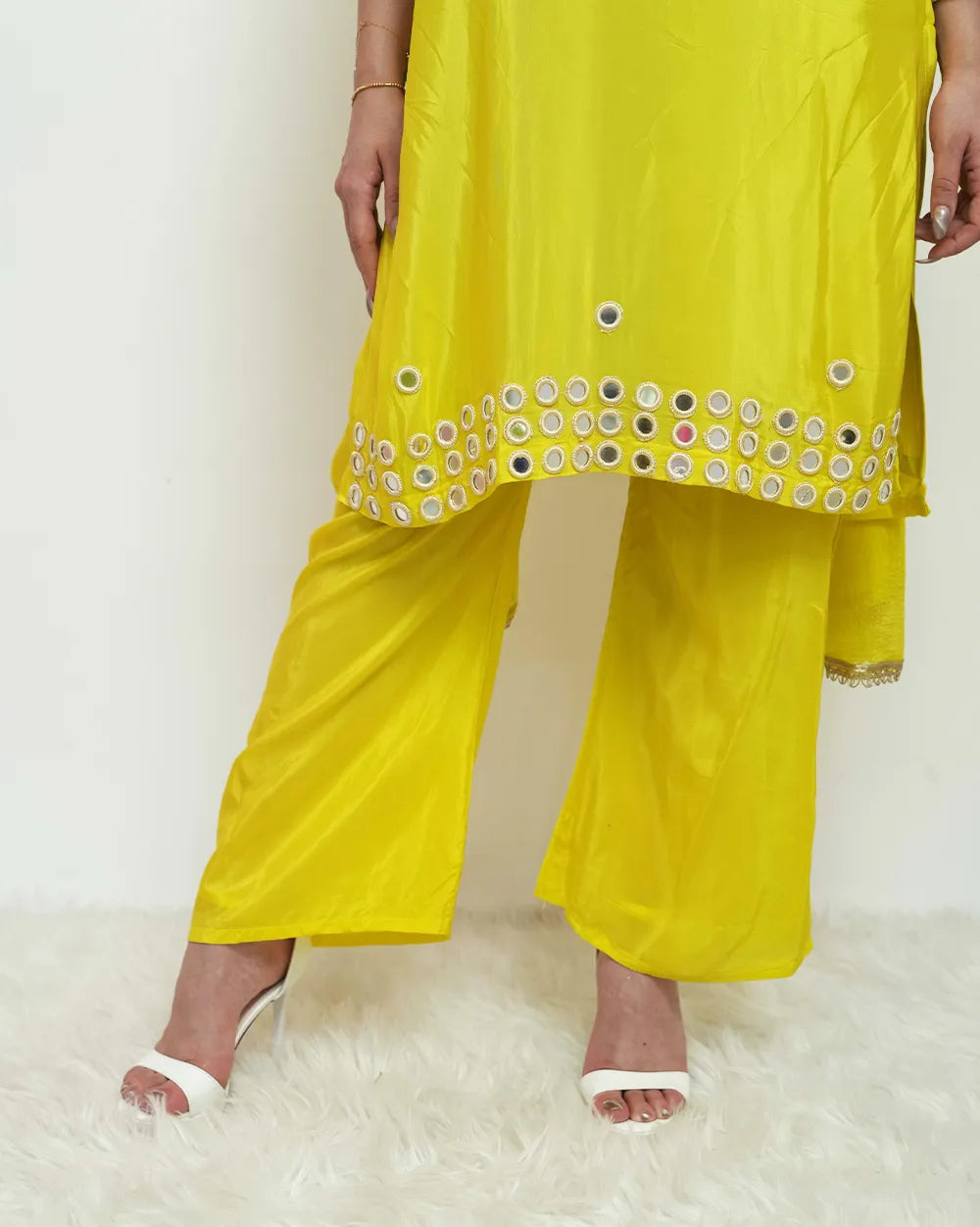 Fluorescent yellow mirror work salwar suit