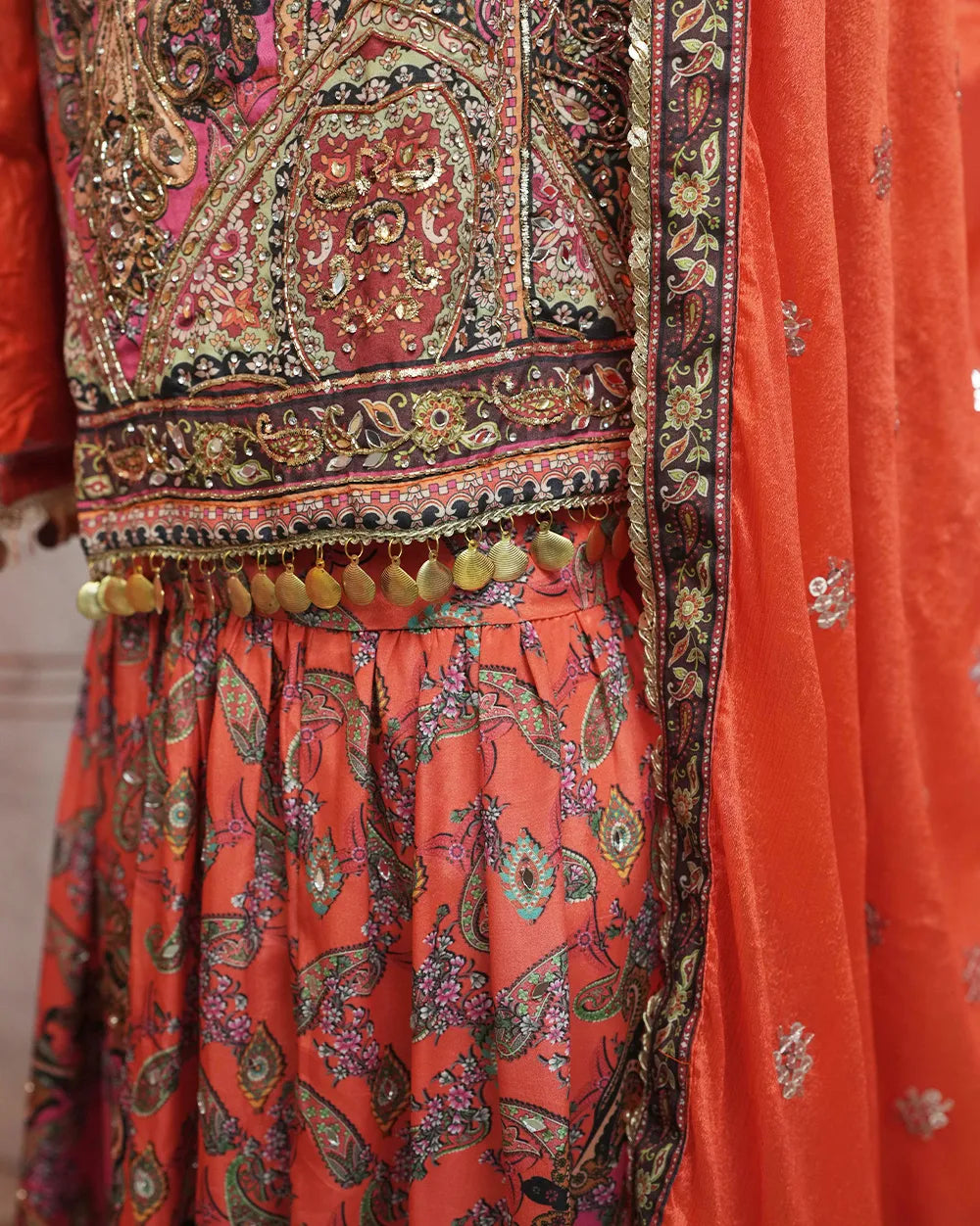 Double shaded heavy worked sharara suit - orange and pink