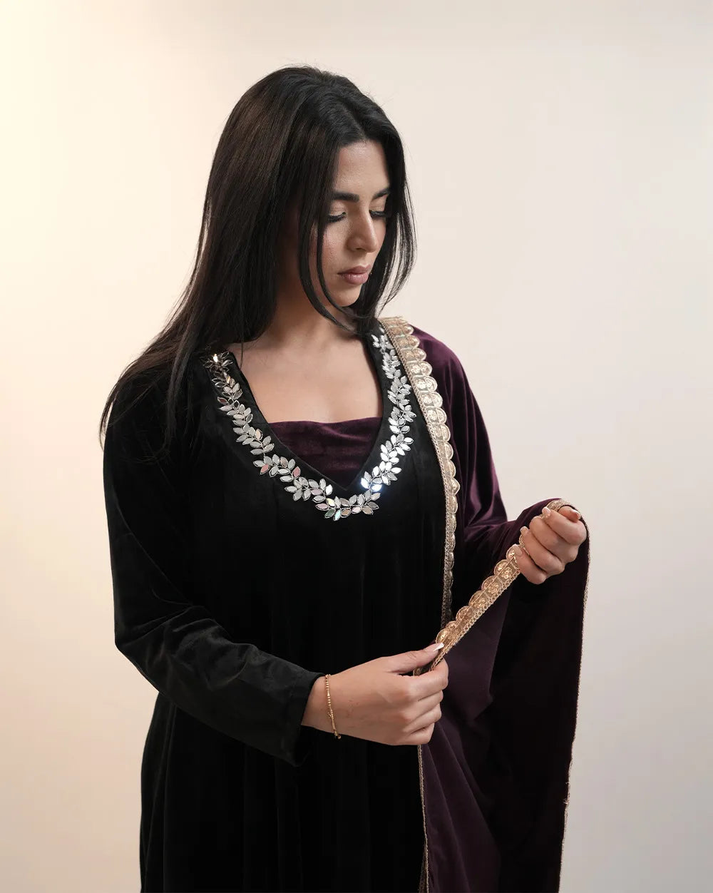 Premium velvet panel cut anarkali with contrast dupatta- black