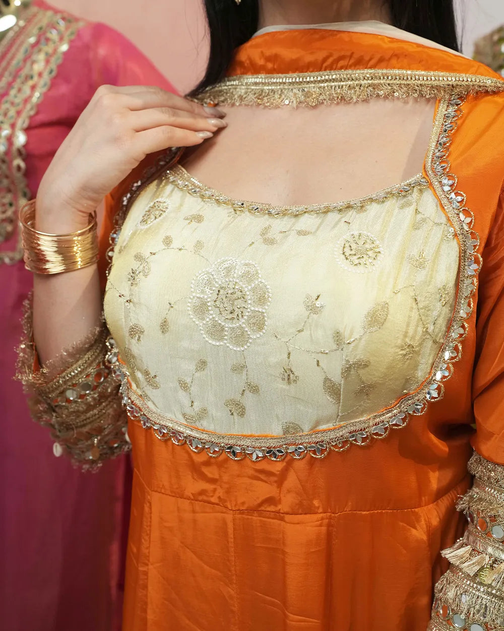 Crepe silk anarkali with contrast yoke - fanta shade