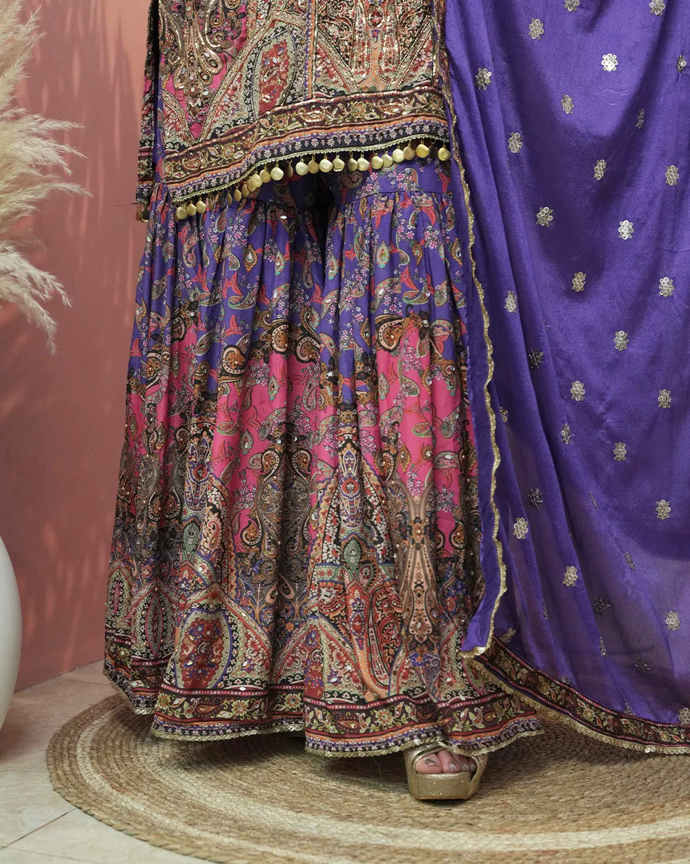 Double shaded heavy worked sharara suit- purple and pink
