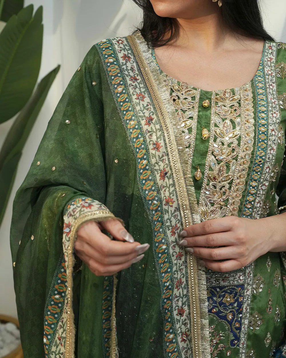 Heavy mirror work sharara suit - green