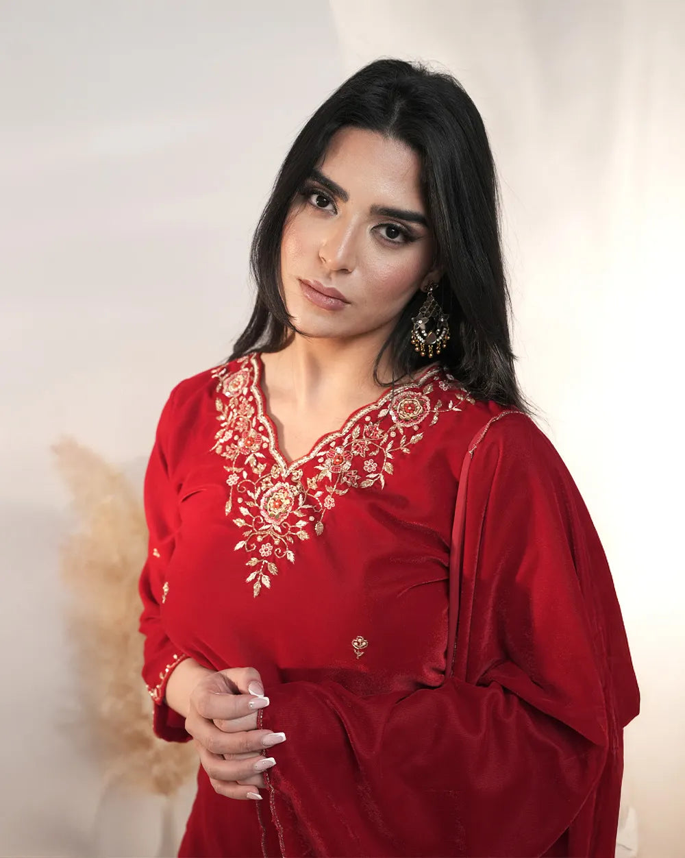 Handworked velvet salwar suit- red