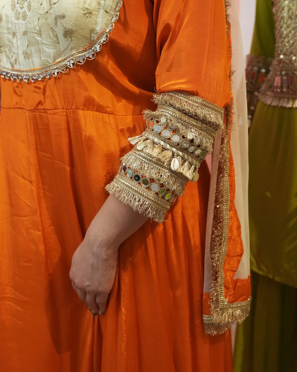 Crepe silk anarkali with contrast yoke - fanta shade