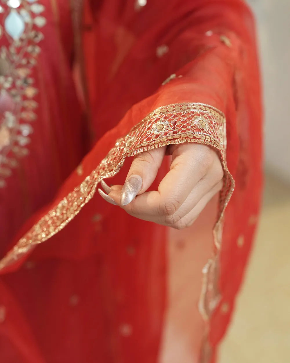 Crepe silk stripe design mirror worked salwar suit-red