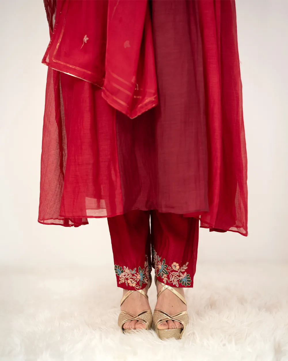 Double shaded panelled and gathered anarkali suit- red