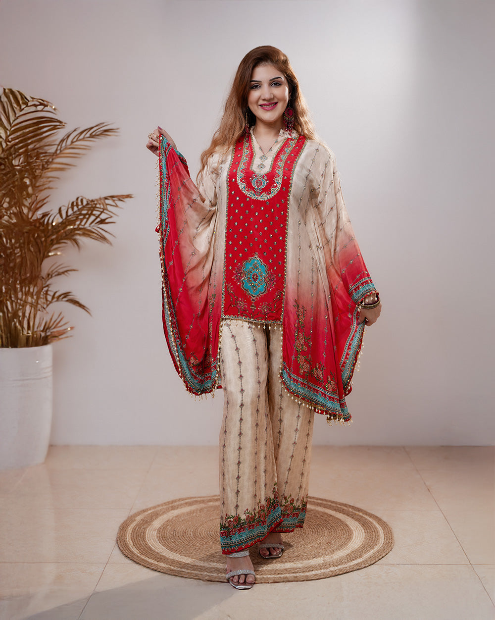 Ombre shaded crepe silk 2pc indo-western kaftan-red & cream