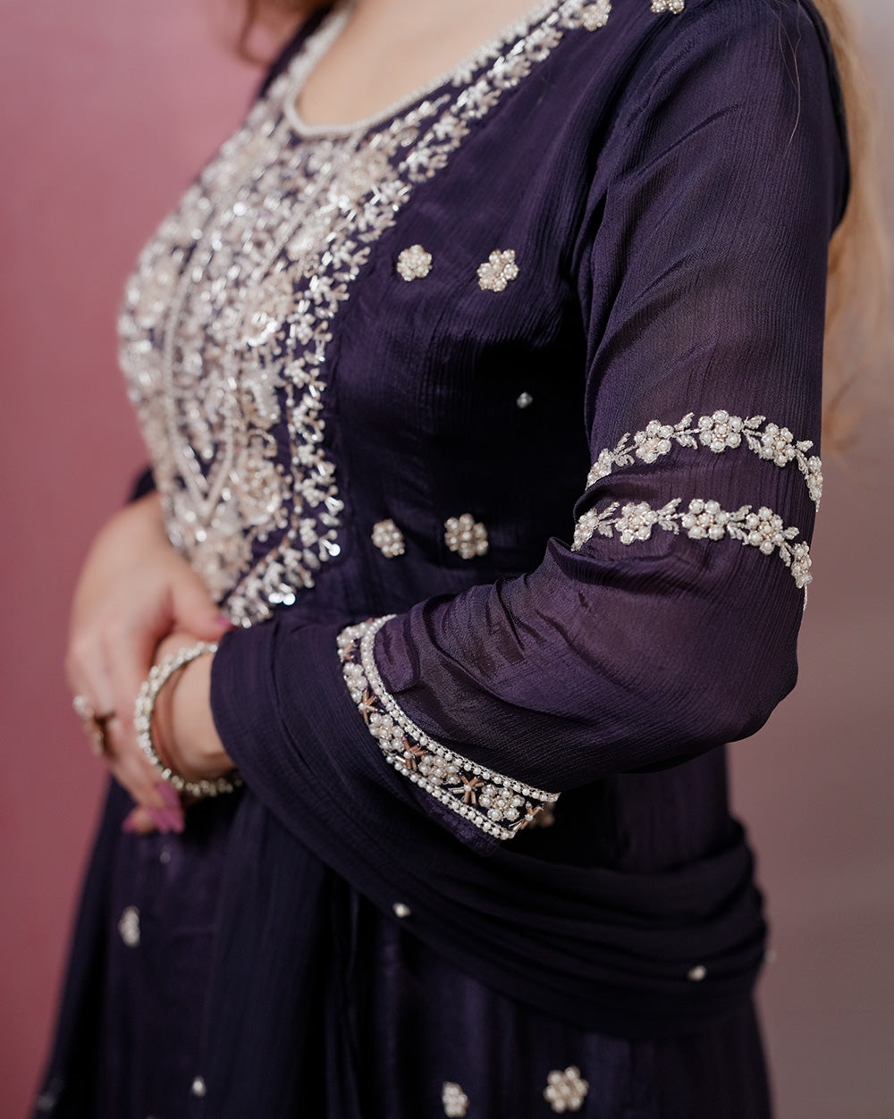 Heavy handworked chinon silk panel cut salwar suit- dark blue