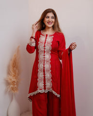 Up and down heavy work dola silk salwar suit-red