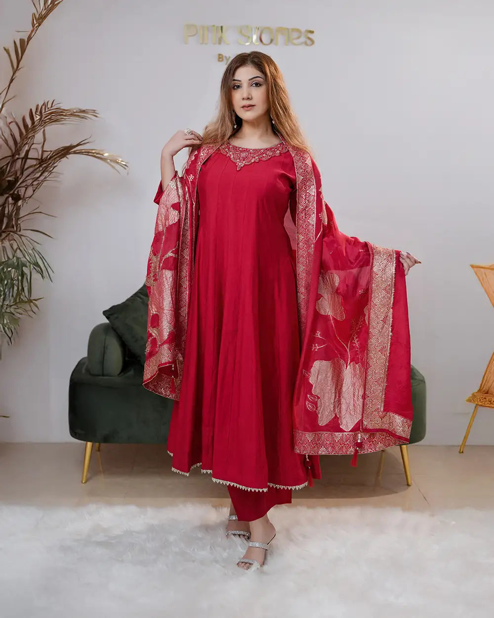 Rani pink cotton silk panel cut Anarkali