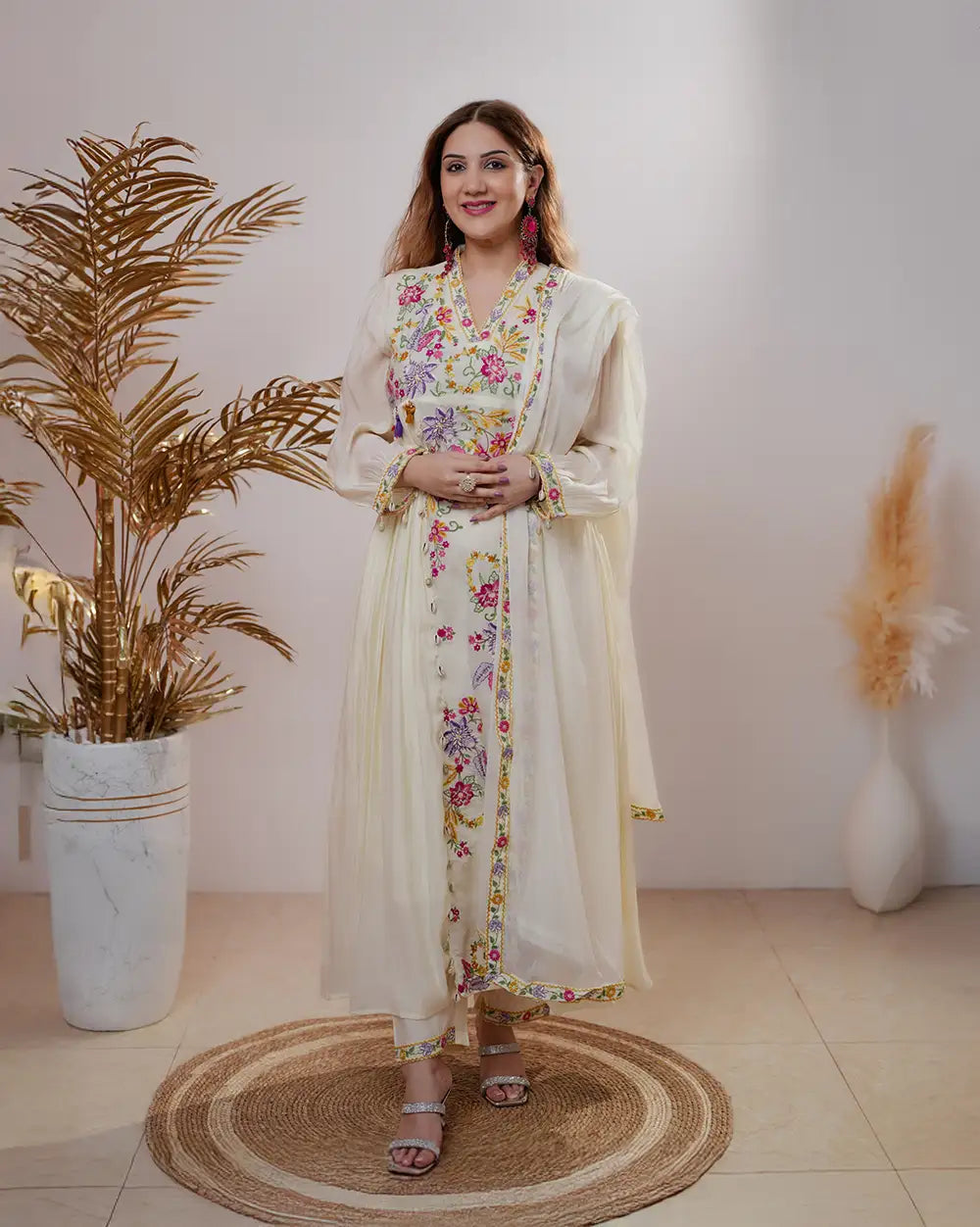 Embroidered pleated Anarkali with center panel- cream color