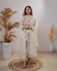Embroidered pleated Anarkali with center panel- cream color