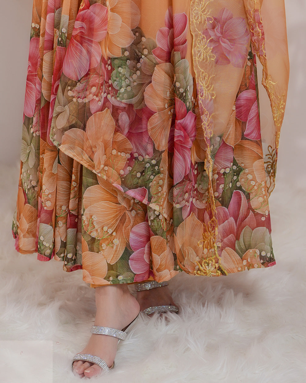 Floral printed pleated chiffon anarkali - mustard yellow