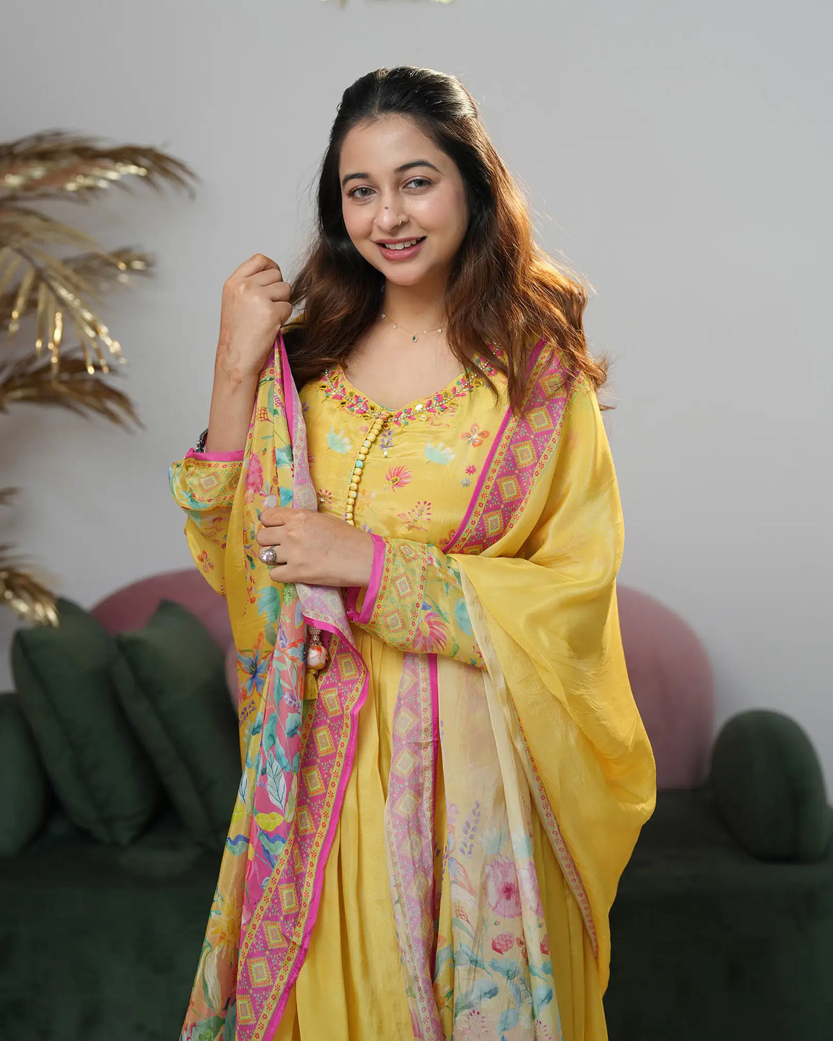 crepe silk pleated anarkali yellow shade