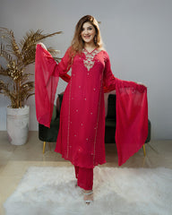 Handworked chinon silk A-line suit- rani pink