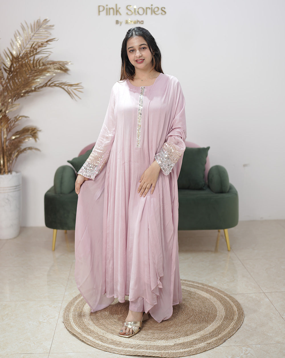 Premium chinon silk panel cut anarkali- onion pink