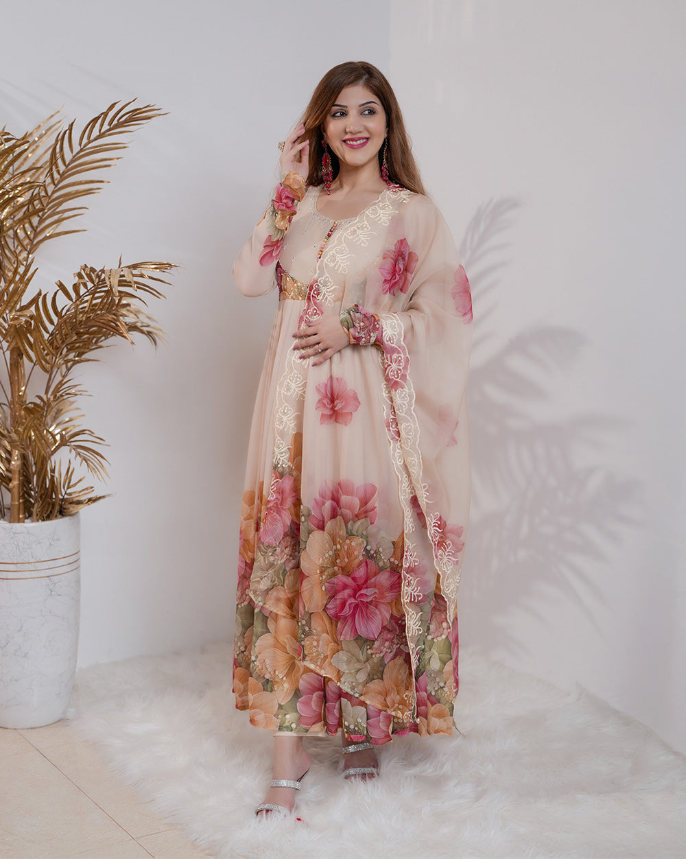 Floral printed pleated chiffon anarkali -  beige