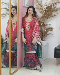 Ombre shaded soft organza sharara suit- red and green