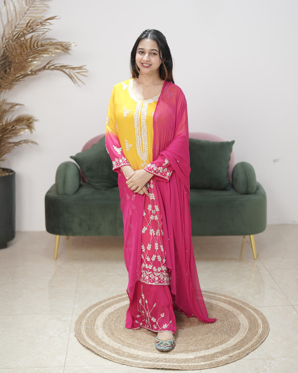 Ombre shaded chinon party wear salwar suit- pink and yellow